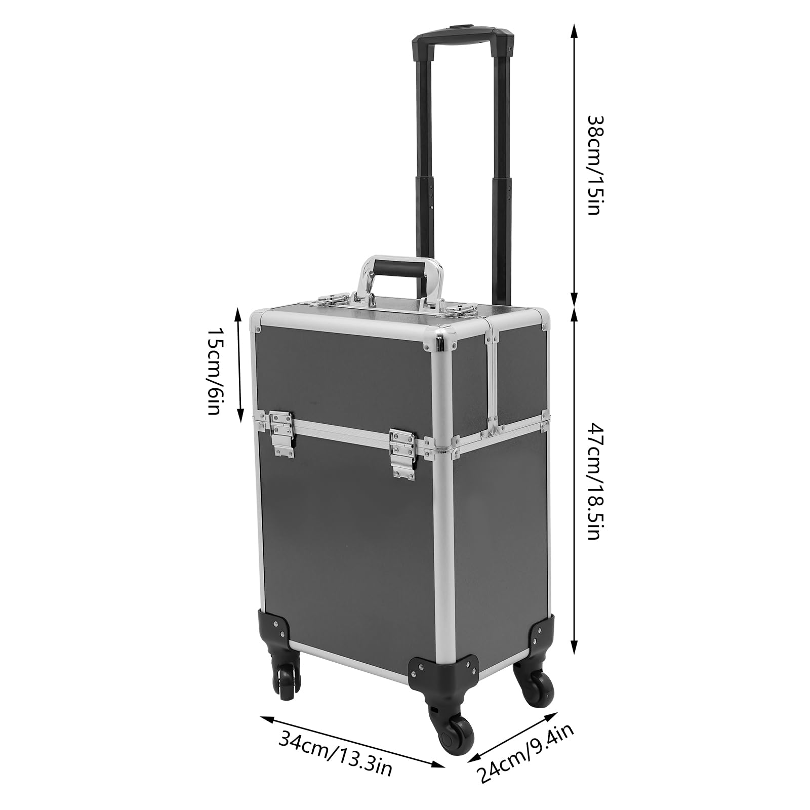 Rolling Makeup Train Case, Professional Aluminum Trolley Cosmetic Train Case with 360° Rotation Wheels & Key, Barber Case Traveling Cart for Nail Technicians Cosmetology Case for Hairstylist, Black