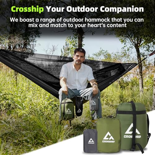 Image of 2 Adults Camping Hammock with Mosquito Net | Portable, 500 lbs Hammock, 2-in-1 Double Camping Hammock, with Tree Straps, Guy Lines & Stakes, Hiking, Backpacking, Black