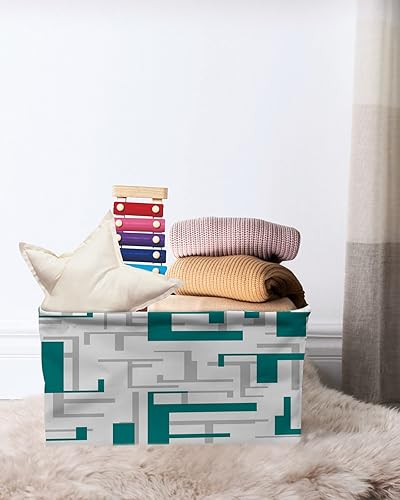 Miniatura 7 de Cesta de almacenamiento gris verde azulado para organizar estantes, cajas de almacenamiento plegables con asa, cesta de lona moderna geométrica