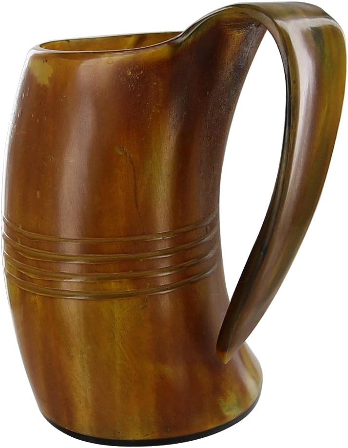 Armory Replicas™ Midsummer Butterscotch Stained Horn Tankard with Carved Bands – 22-26 oz Natural Horn Mug