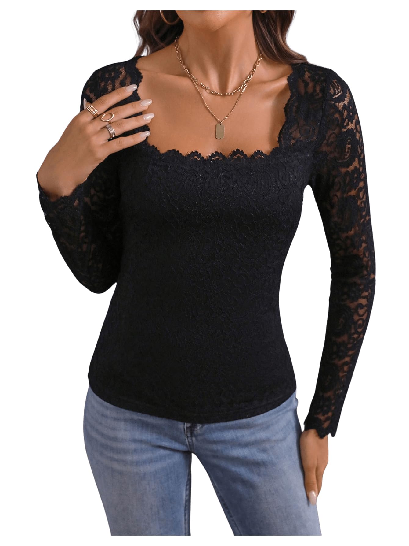 GORGLITTER Camicia da donna in pizzo, elegante, a maniche lunghe, in pizzo, vintage, a maniche lunghe, per feste