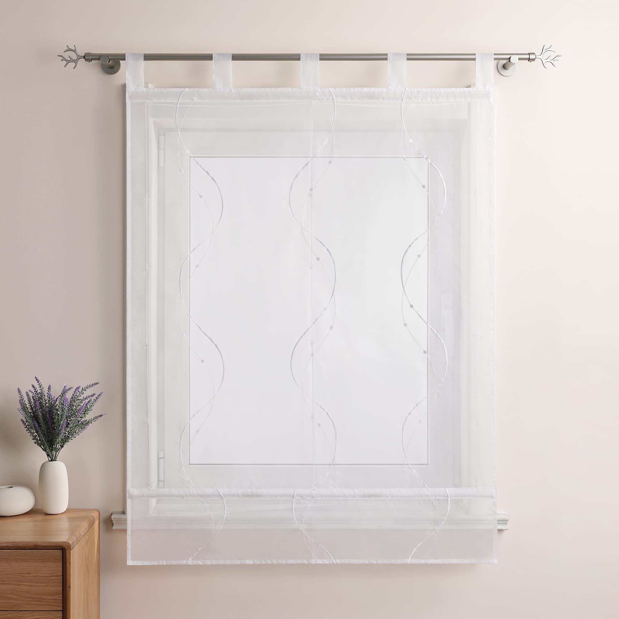 Raffrollo mit Schlaufen Leinenoptik Raffgardine B120 x H140 cm,Weiß | 1 Stück,Mit Stickerei,Transparent,Modern,Schlaufenrollo Landhausstil,Küche Rollo,Mit Wellenmuster,Kurz Fenster Schal