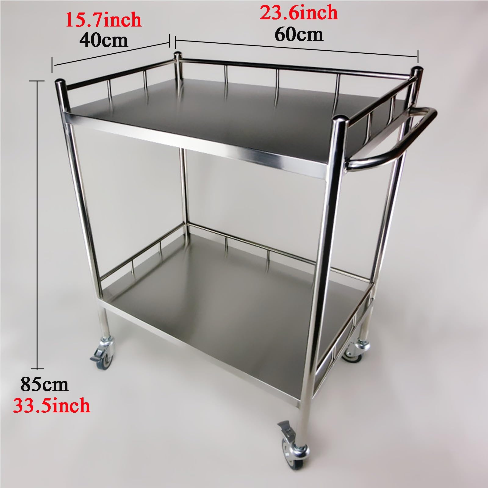 Carrello in Acciaio Inox 304 Spessorato con Maniglia A Strappo Carrello Portaoggetti A 2 Piani Carrello Avvolgibile A 3 Sponde Traversa Rinforzata Forte Capacità di Carico Ruote Frenate Regolabili in