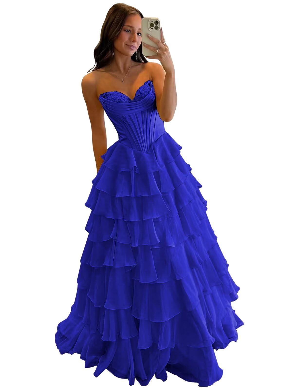 Strapless Corset Prom Dresses for Women 2025 Long Tiered Ruffle Chiffon Formal Evening Gowns with Slit