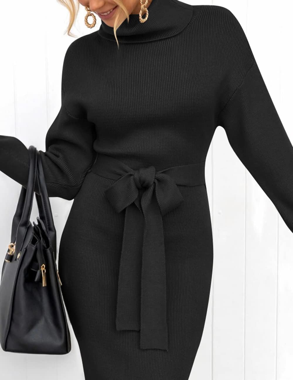 ZESICA Women's Turtleneck Sweater Midi Dress Long Sleeve Ribbed Knit Bodycon Slit Dress with Belt - Image 7