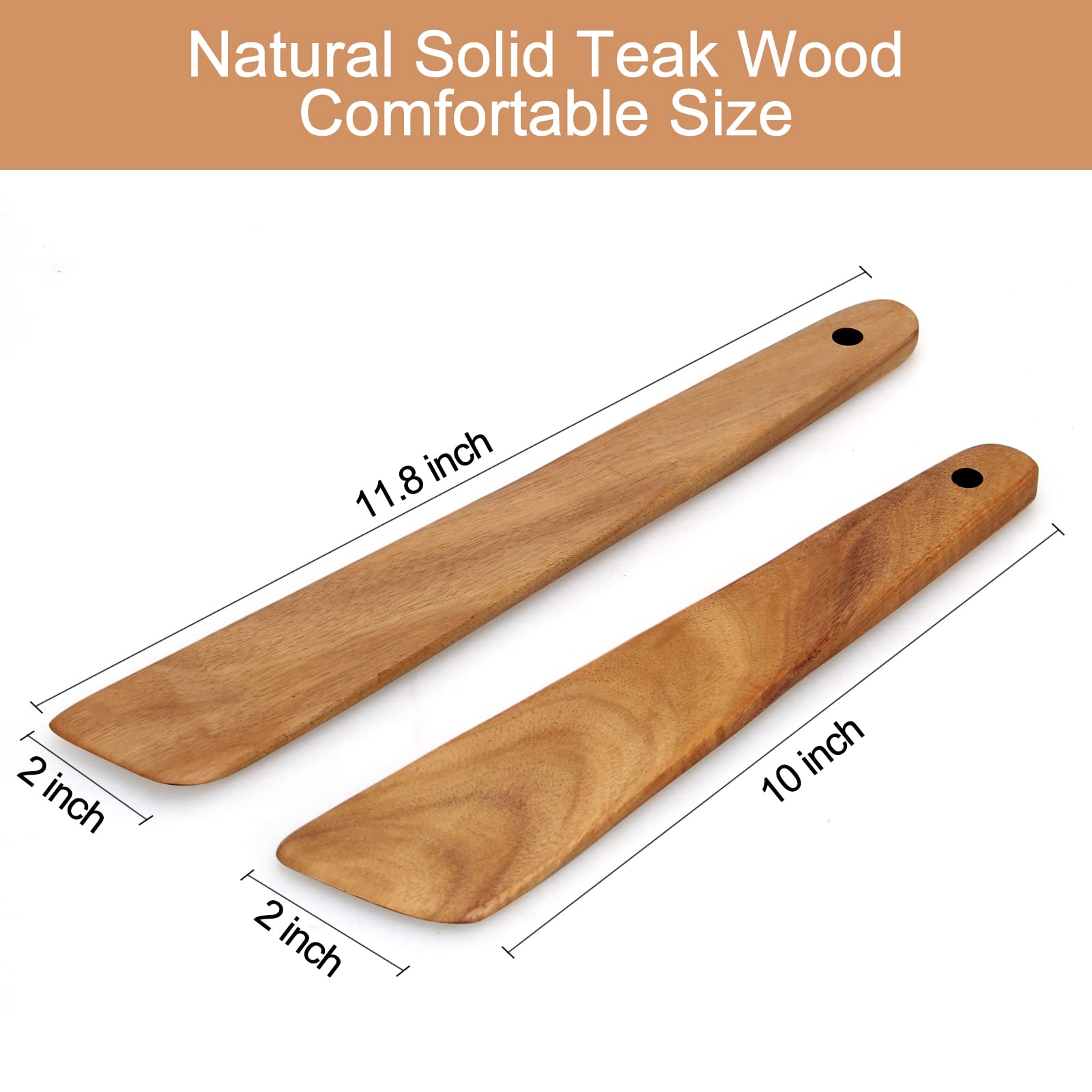 Juego de 2 espátulas de madera de teca, espátulas planas para cocina, espátulas de madera para cocinar, hornear, antiadherentes, utensilios de cocina, espátulas para remover masa madre, espátula para