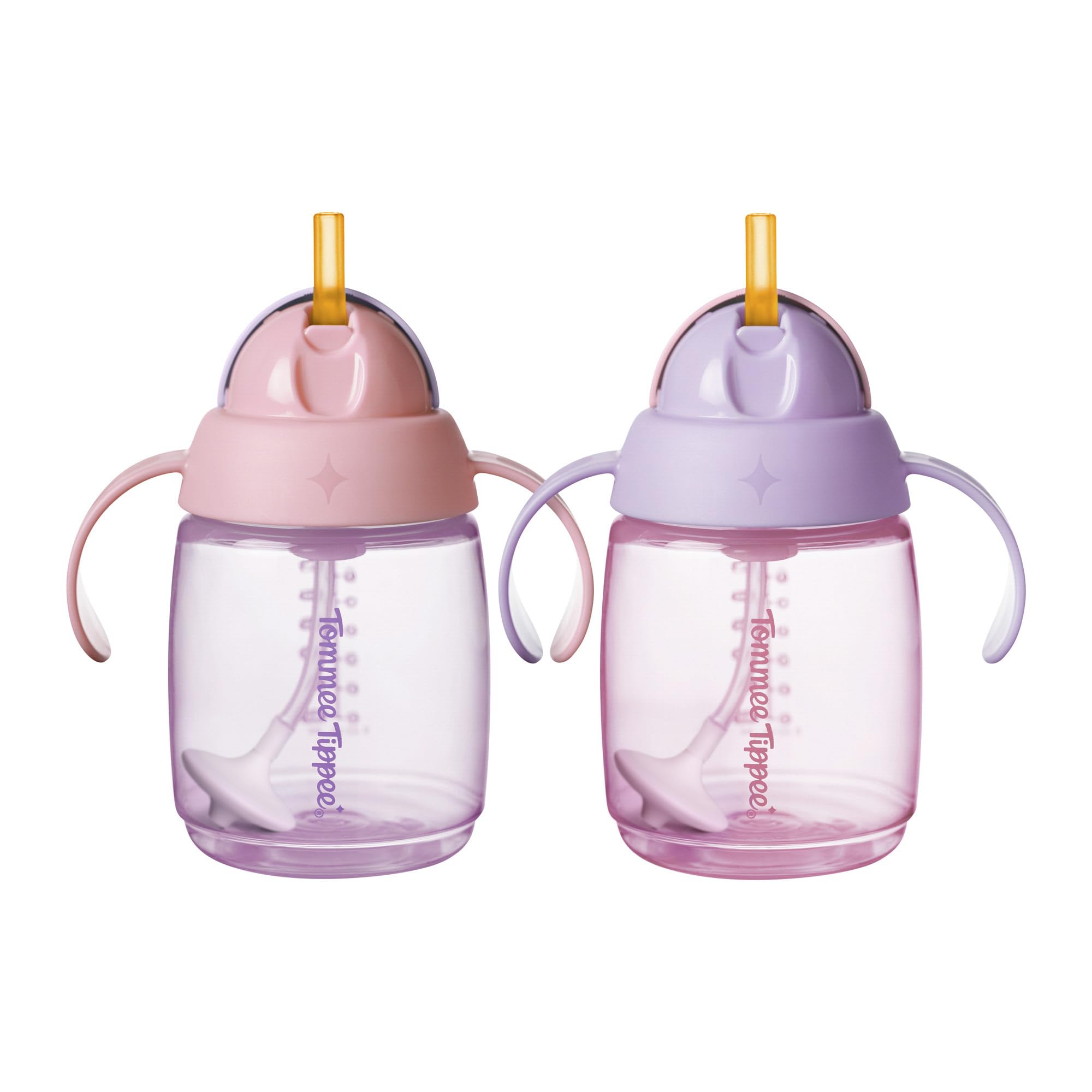 Tommee Tippee Tazza Trainer con Cannuccia, 240 ml, Agevola il Passaggio alla Tazza per i Bambini dai 6 Mesi in Su, con Cannuccia in Silicone e Manici Ergonomici, Rosa e Viola, Confezione da 2