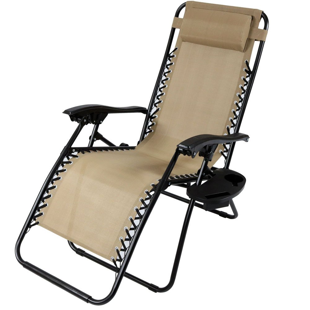 Sunnydaze Outdoor Zero Gravity Lounge Chair with Pillow and Cup Holder, Folding Patio Lawn Recliner, Khaki