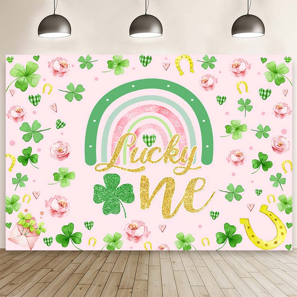 MEHOFOND 7x5ft Lucky One Birthday Backdrop for Girl Green Shamrock Rainbow 1st Birthday Backdrop Green Clover Pink Floral St Patrick's Day Backdrop for Photography Irish Festival Party Decorations