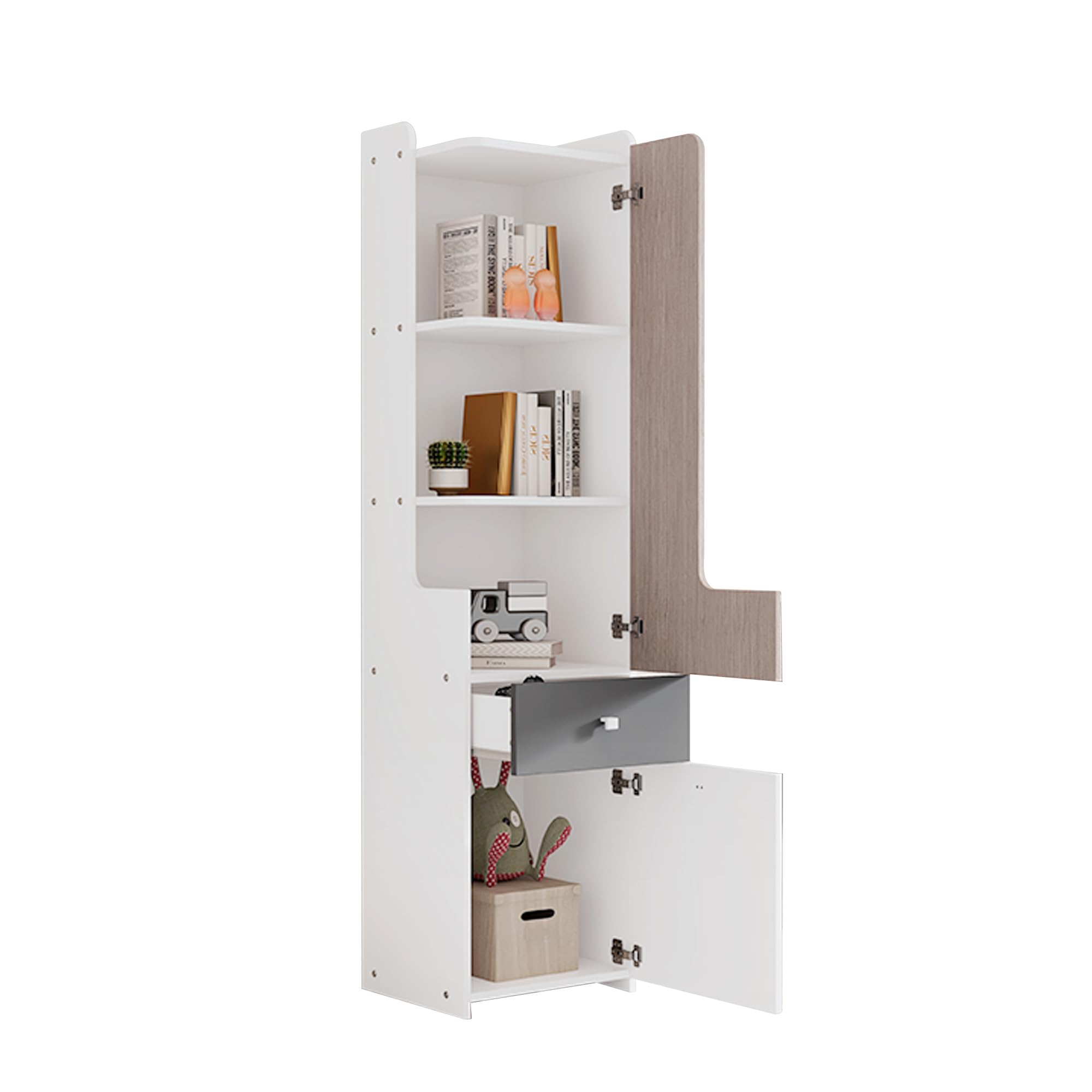 Idemon Libreria alta per adolescenti con porta a forma di L, con cassetto, porte con cerniere, con bottoni quadrati in metallo, MDF, bianco + olmo chiaro + grigio