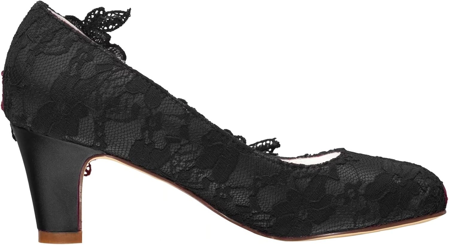 Emily Bridal Wedding Shoes Women's Silk Like Satin Chunky Heel Pumps with Stitching Lace Flower Crystal Pearl - Image 3