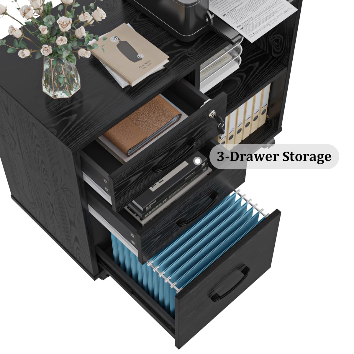 3 Drawer Office File Cabinets, Mobile Lateral Printer Stand with Open Storage Shelf, Rolling Filing Cabinet with Wheels Home Office Organization and Storage (Black style2)