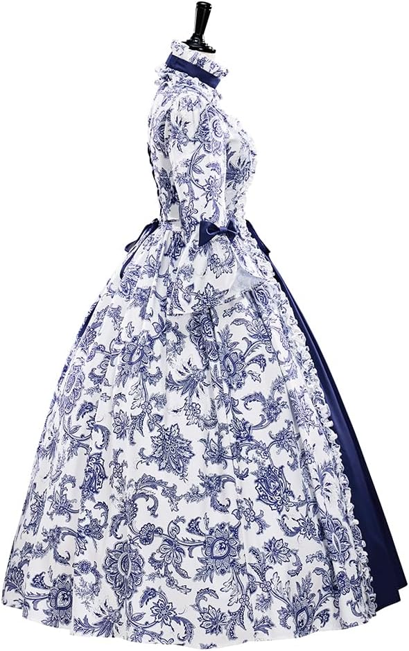 1791's lady Women's Victorian Rococo Dress Blue Floral Gown Masquerade Costume Dress