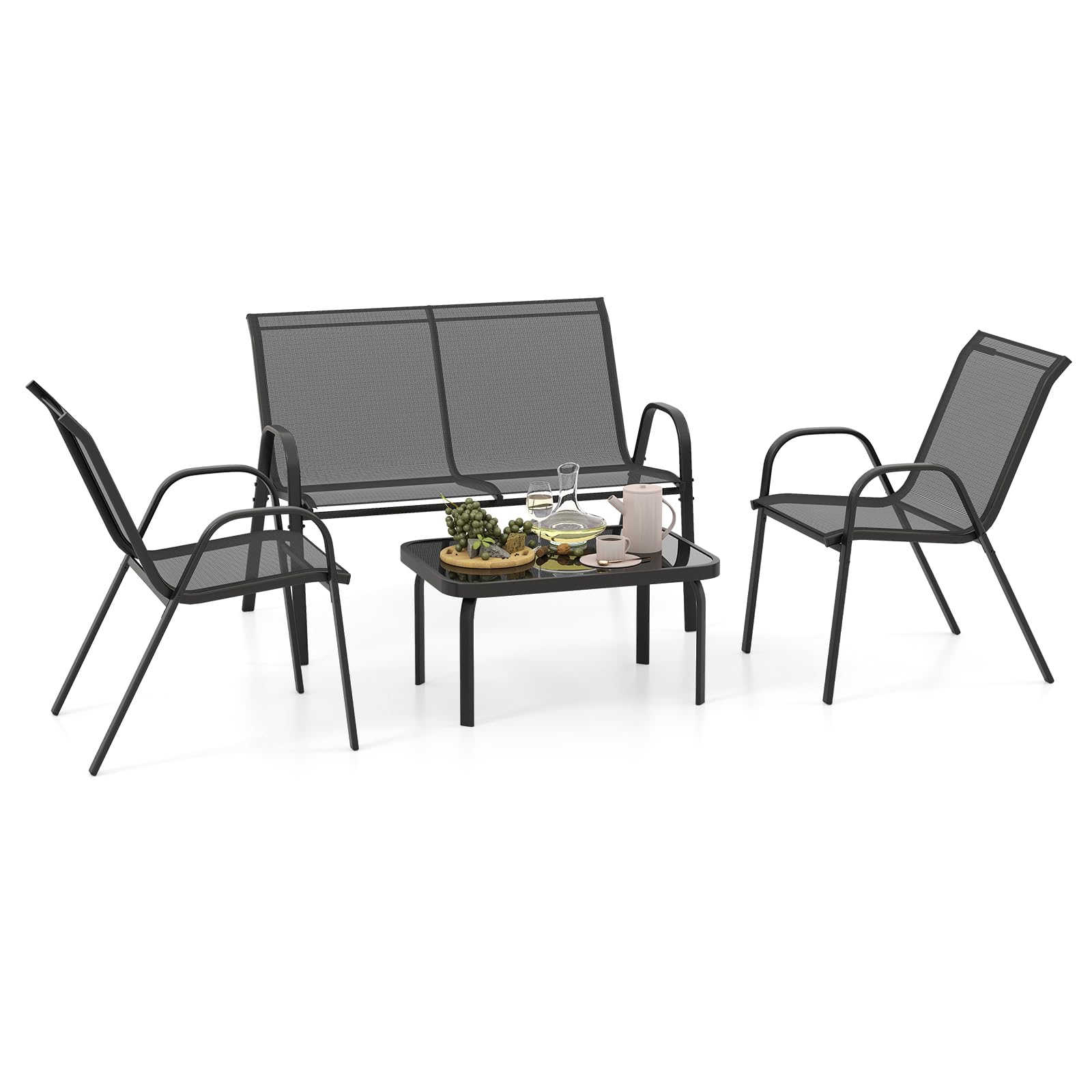 COSTWAY 4-teilige Gartenmöbel Set, Balkonmöbel, Terrassenmöbel, Sitzgruppe, Sitzgarnitur für 4 Personen, Gartengarnitur inkl. 2 Stühlen, Bank & Tisch, für Balkon, Terrasse, Garten (Grau)