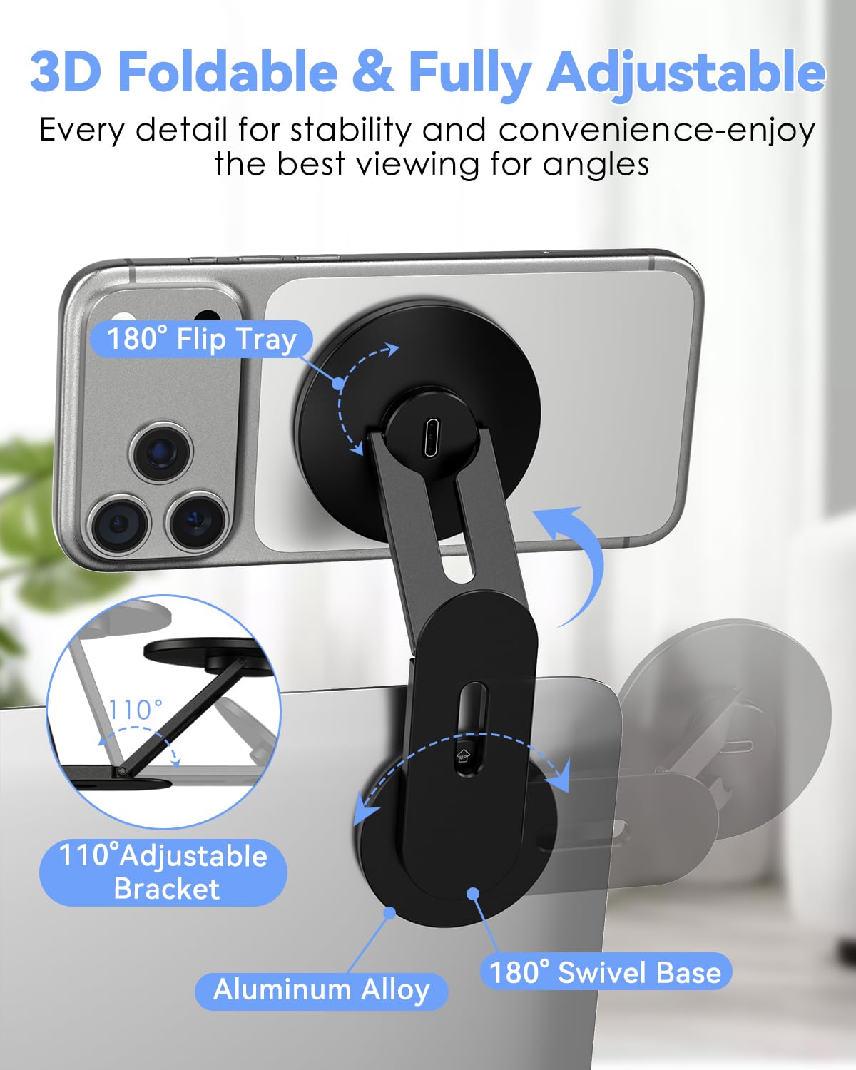 CloudValley Magnetischer Laptop Handy Ständer, 15W Schnellladegerät, 3Dimensionale Verstellbare Kamera Übergabe Zubehör Halterung für iPhone, Faltbarer Halterungsbügel für Tesla PC Monitor, schwarz