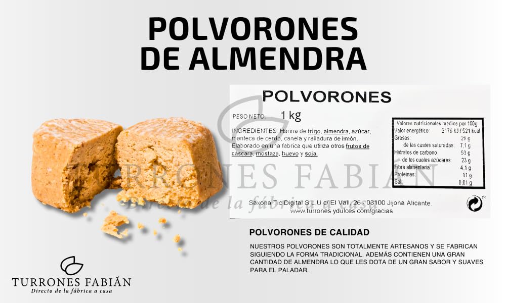 Polvorones de almendra artesanos, elaborados en Jijona con la receta tradicional (Mediano 1, 2000, gramo)