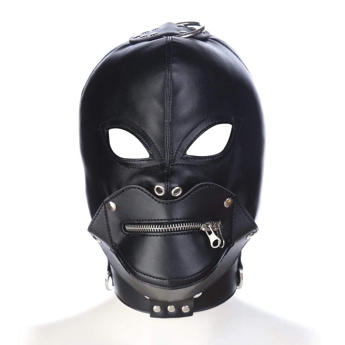SKINREPARE Leather Breathable Open Mouth Full Face Masks, Detachable Zipper Mouth Mask Cosplay Leather Head Hood, Black