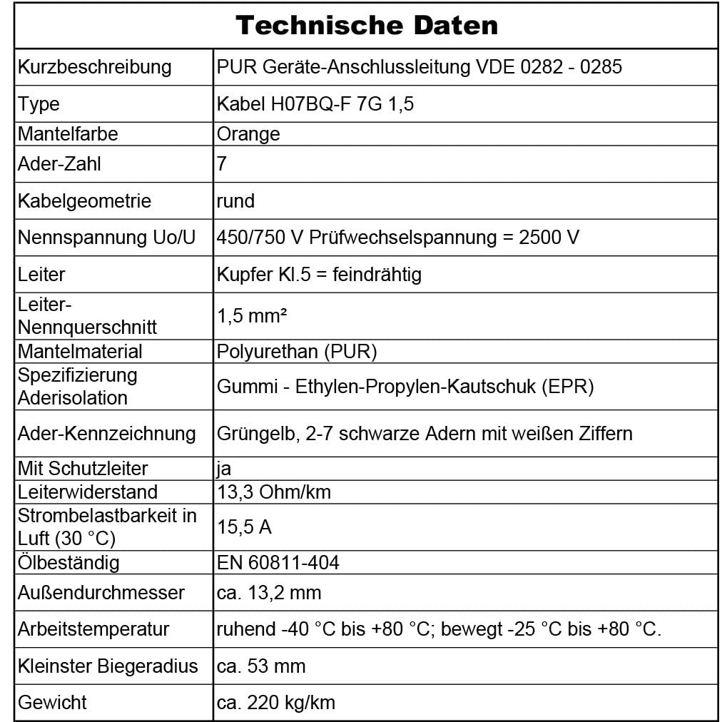 MAS-Premium® przewód PUR H07BQ-F 7 x 1,5 m, pomarańczowy, przewód przyłączeniowy do podłączenia urządzeń rolniczych lub komercyjnych, kabel budowlany (30 m)