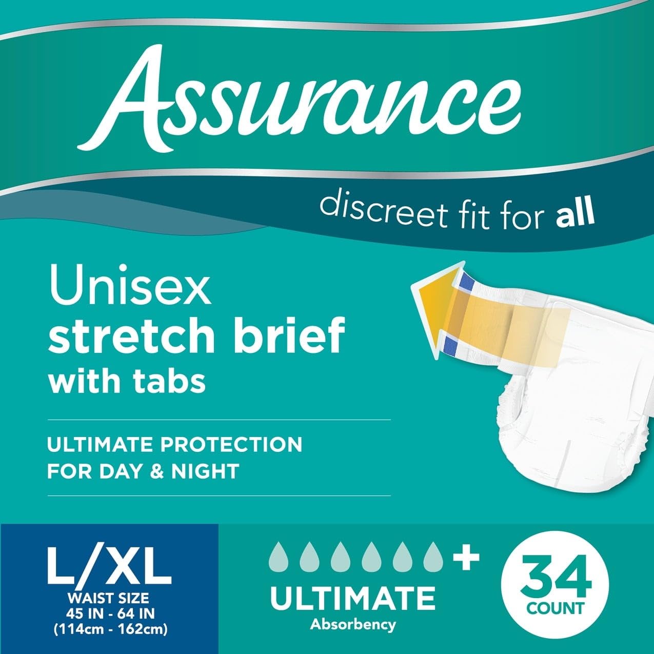 Assurance Large/XLarge Unisex Stretch Briefs with Tabs 34 Ct (Pack of 1), White