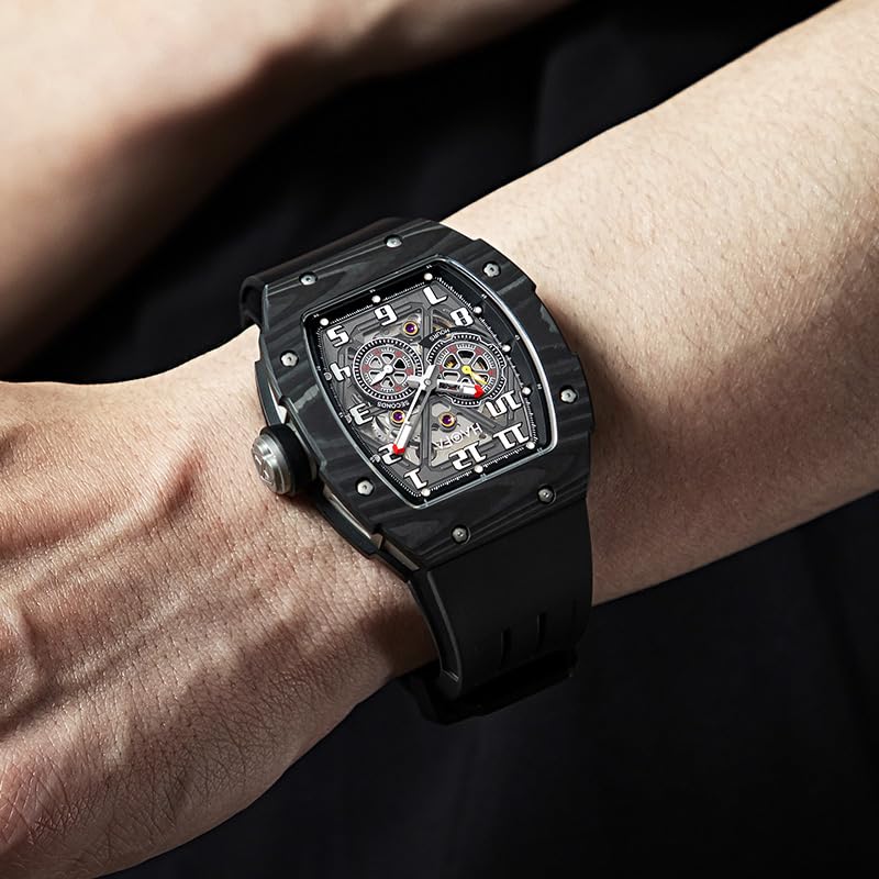 HAOFA 腕時計メンズ 自動巻き スケルトン時計 炭素繊維ケース