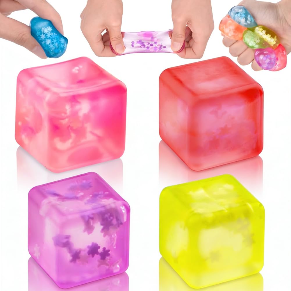 Snowflake Ice Cube Stress Squeeze Balls, 4 Pack Soft Squeeze Fidget Sensory Toys for Adults, Anxiety Stress Relief Hand Therapy Cubes