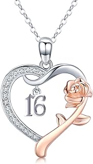 18 Year Old Girl Birthday Gifts / 10th/11th/12th/13th/15th/16th/17th/21th/30th/40th/ 50th/60th/70th/75th/80th/85th/90th Birthday Gifts for Women Daughter 925 Sterling Silver Love Heart Rose Flower Pendant Necklace for Wife Mom Mothers Day Christmas Anniversary Graduation Jewelry