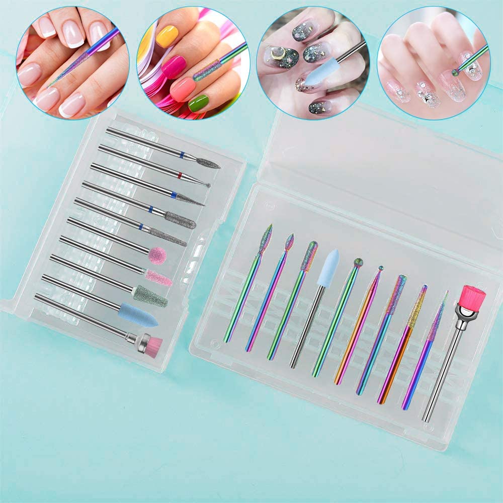 Gleevia 10 Pcs Nail Drill Bits Set, Professional Diamond Carbide Cuticle Remover Bits Kit, 3/32" Electric Manicure Nail File Bit for Acrylic Gel Nails Cuticle Manicure 3