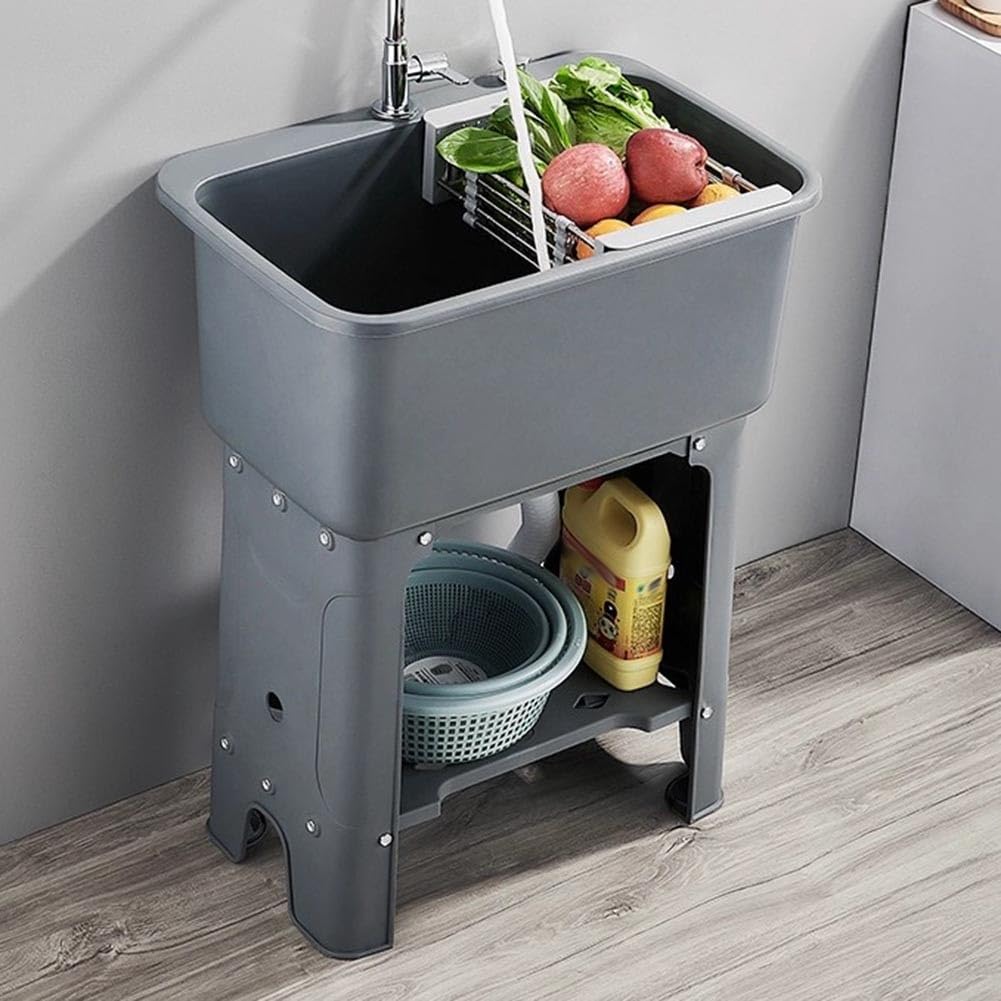 Tina utilitaria con estante de almacenamiento para cocina, taller, lavandería y garaje, diseño independiente para un uso versátil y fácil acceso a los suministros de limpieza