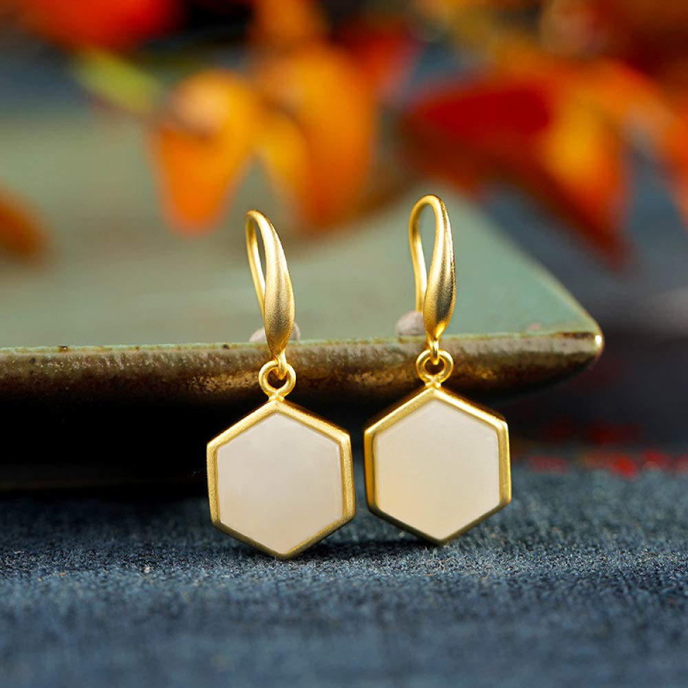 Pendientes De Gota para Mujer,Elegante Dorado S925 Pendientes De Gancho con Forma De Gota De Jade Hexagonal De Plata Anillo De Aro Ligero Hipoalergénico Pendientes De Joyería Circular para Mujeres