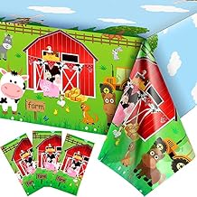 Kasyat Farm Animals Party Tablecloth Farmhouse Disposable Plastic Table Cover Barnyard Farm Animal Theme Party Decoration for Picnics Baby Shower Boys Girls Birthday Supplies, 108" x 54"Red,3 Pieces