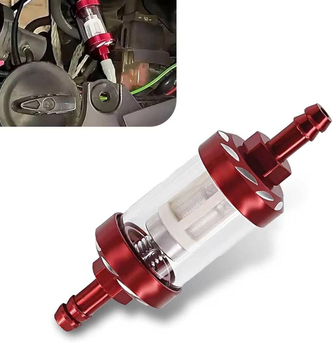 Motorcycles Fuel Filter, 1/4" Inline Fuel Filters, Transparent Tempered Glass Alloy Oil Filter Cup, Universal for Motorcycles, ATV, Dirt bike (Red)