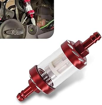Motorcycles Fuel Filter, 1/4" Inline Fuel Filters, Transparent Tempered Glass Alloy Oil Filter Cup, Universal for Motorcycles, ATV, Dirt bike Red