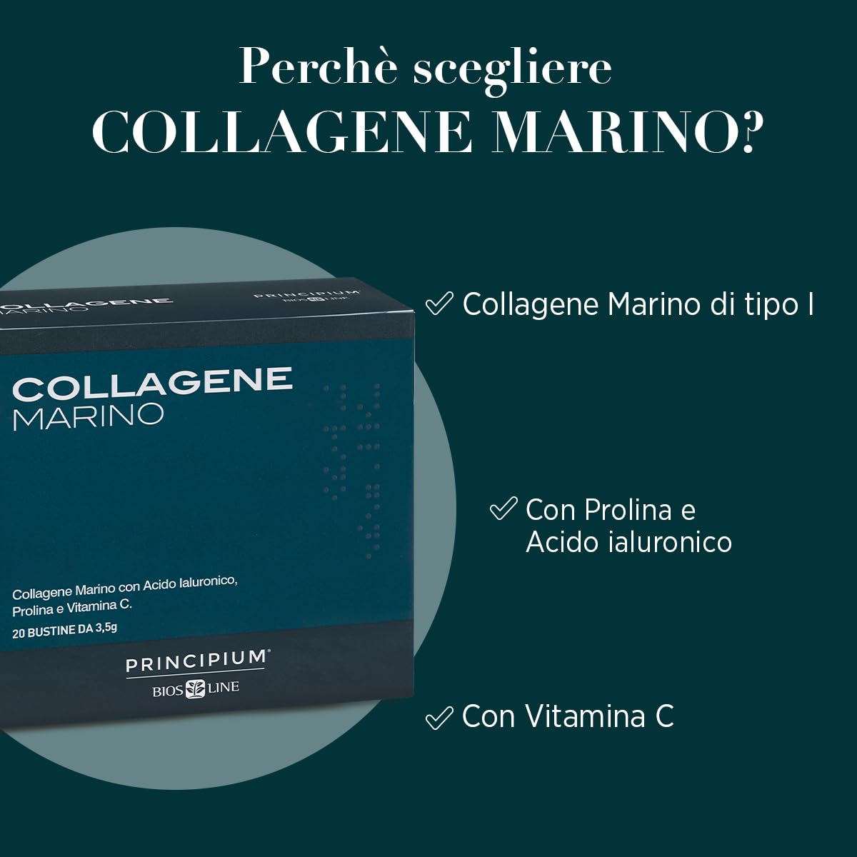 BIOS LINE, Principium Collagene Marino, Integratore Alimentare per l'Elasticità della Pelle, Integratore Pelle Viso; Attenua le Rughe, 20 Buste da 3,5g