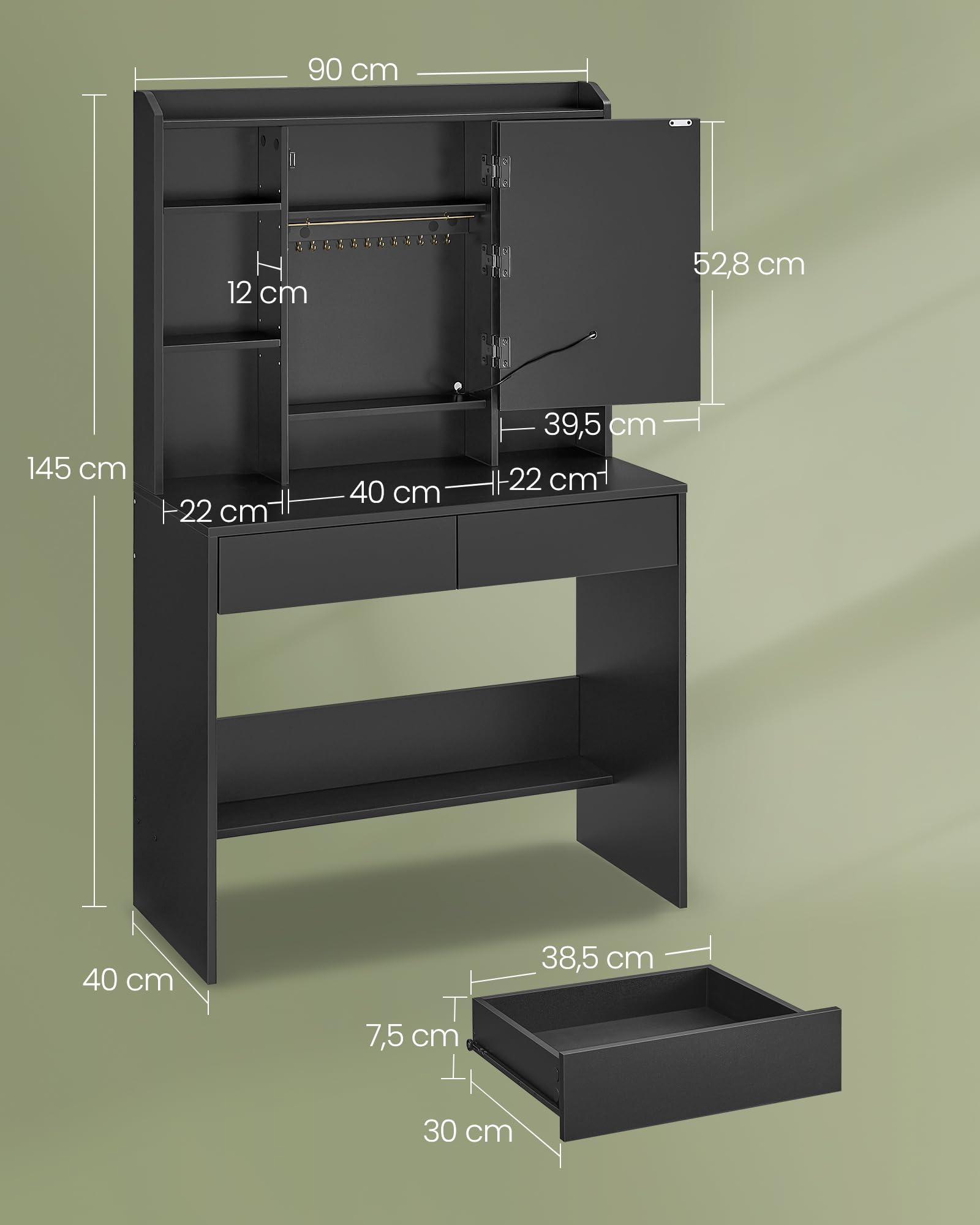 VASAGLE KAILYN Collezione - Toeletta con Luci LED 3 Colorazioni con Luminosità Regolabile, Tavolo da Trucco con Specchio, Ripiani Regolabili, 2 Cassetti, Postazione Trucco, Nero Inchiostro RDT123B01