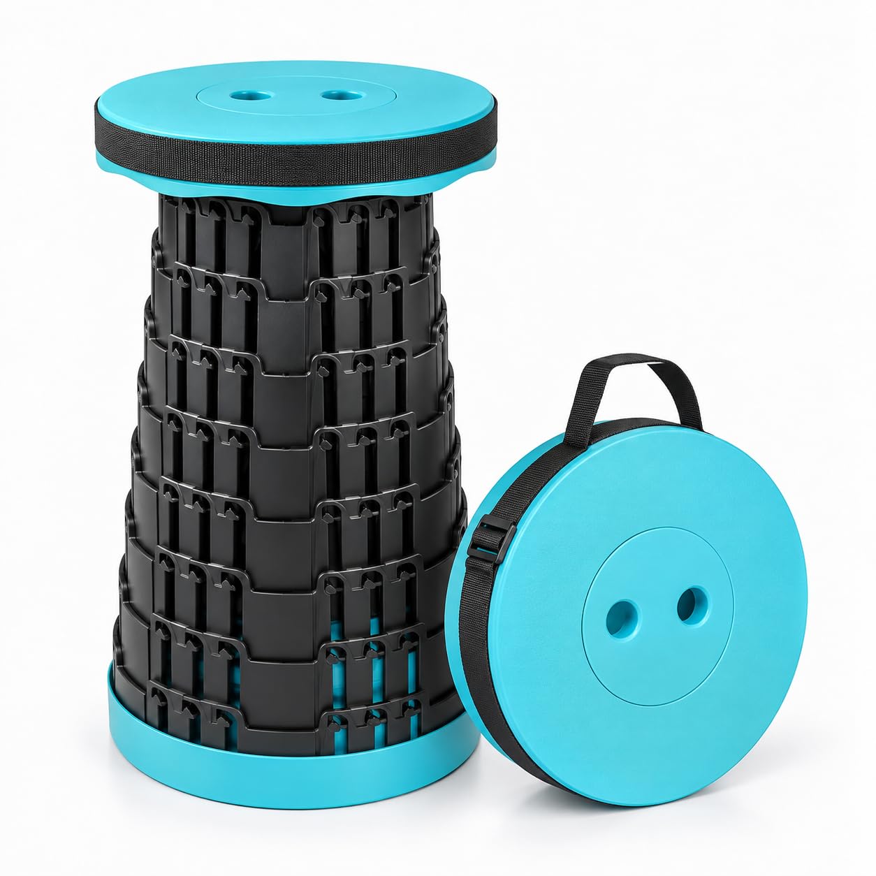 FBG Telescopic Folding Stool Retractable Collapsible Seat - Aqua Blue & Black | 250kg / 550lbs Load Capacity, Adjustable Lightweight Compact Folded Plastic Design | Camping, Festival, Garden, Hiking