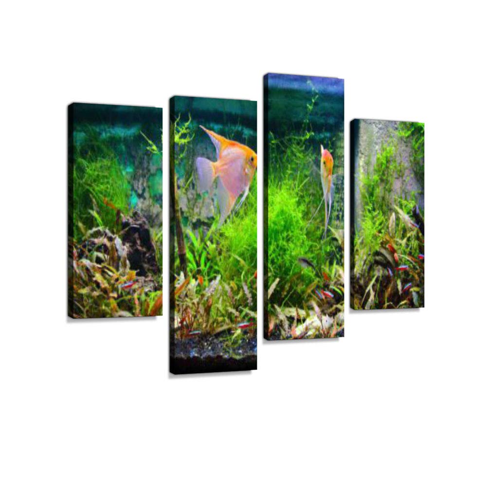 Tropical Fresh Water Aquarium View Lush Foliage Plants Fishes Yellow neon Canvas Wall Art Hanging Paintings Modern Artwork Abstract Picture Prints Home Decoration Gift Unique Designed Framed 4 Panel