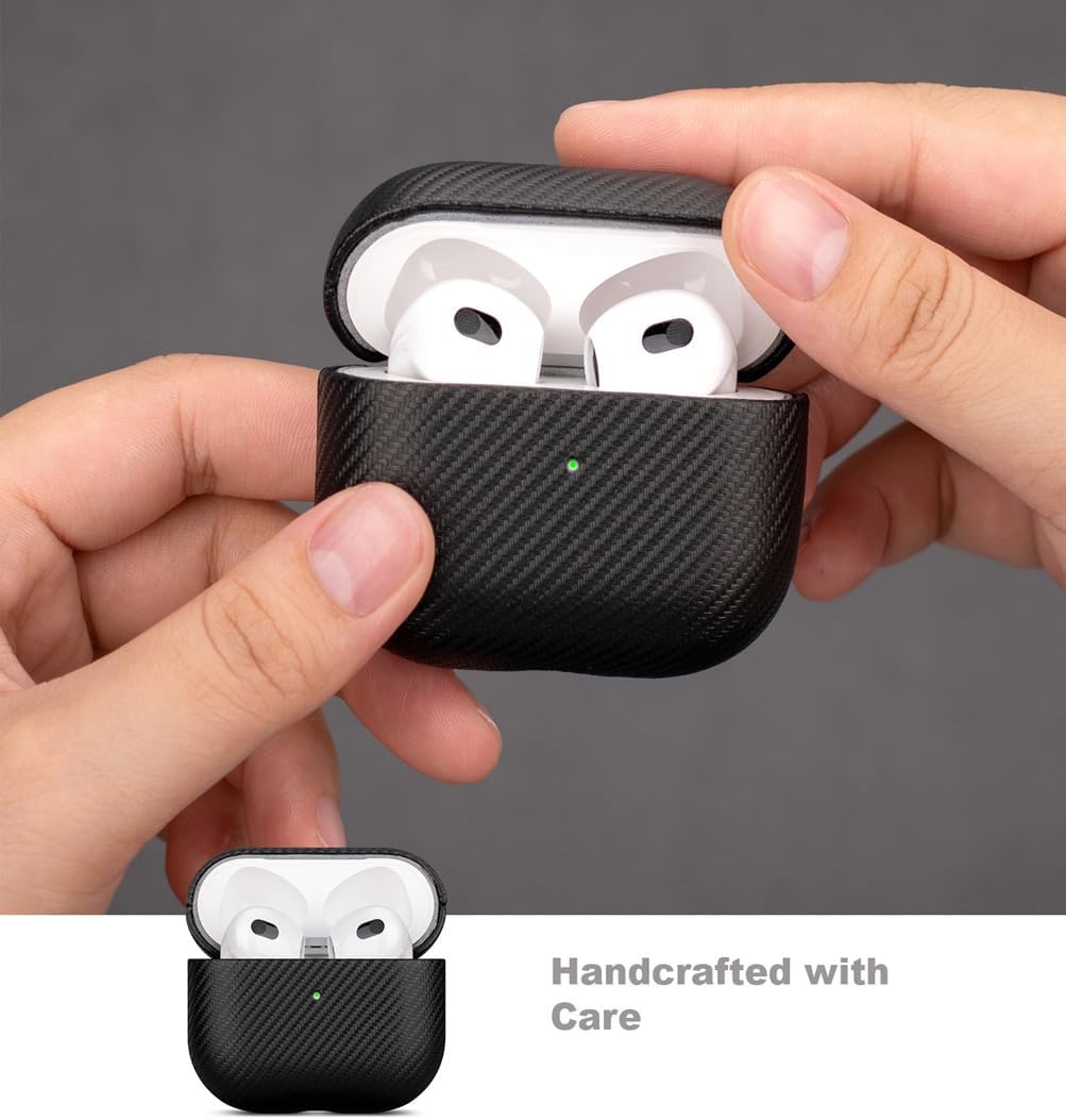 Haobobro for AirPods 4 Case Cover - Selected Vegan Leather, Carbon Fibre Texture, Handmade Drop Protective Hard Cover, Qi and MagSafe Charging Compatible - AirPods 4th Generation Case - Black