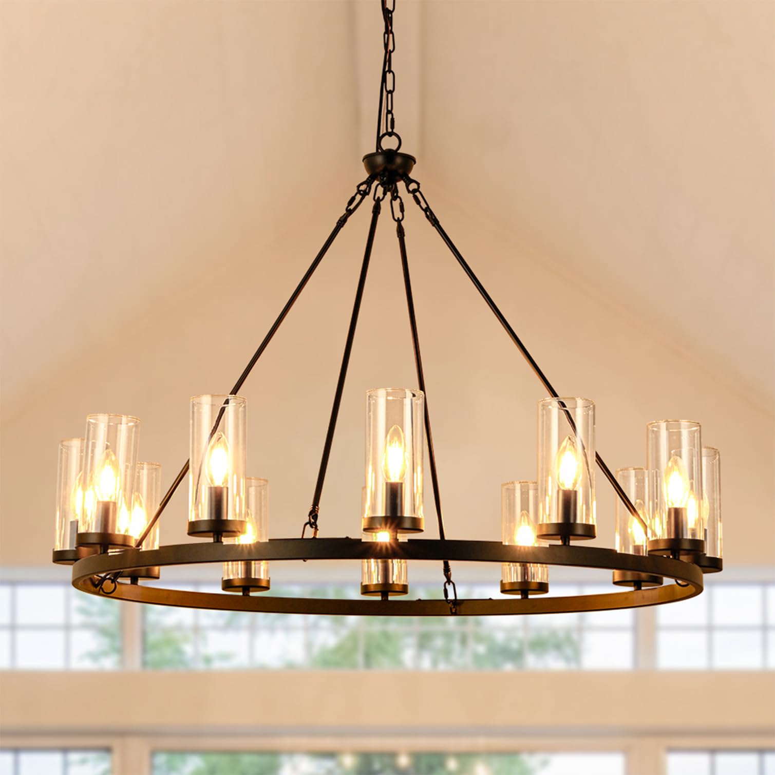 Psyverii 35 Inch Black Wagon Wheel Chandelier with Glass