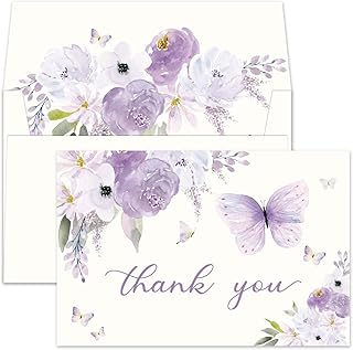 4x6 Butterfly Purple Floral Thank You Cards with Envelopes (Bulk 20-Pack) Matching Peel-and-Seal White Envelopes | Assorted, Watercolor | Birthday Party, Baby Shower, Weddings, Greeting, Blank Notes Stationary, Lavender Greenery Bridal