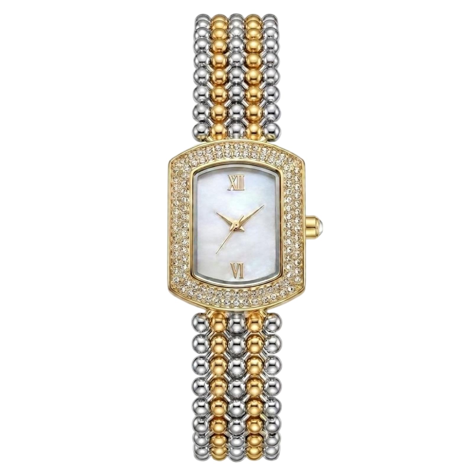 XXDML Damen-Armbanduhr mit quadratischem Zifferblatt, Kristallperlenarmband, Quarzwerk, wasserdicht, Gold, Silber, Roségold