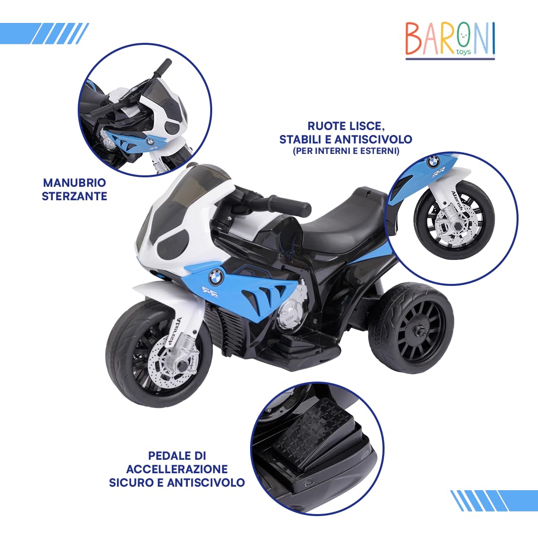 Baroni Toys Moto Giocattolo Elettrica BMW con Licenza per Bambini 1-4 Anni, Design Realistico, Manubrio Sterzante, Pedale di Accelerazione e Fanali e Suoni Funzionanti, 66x37x44 cm, Blu
