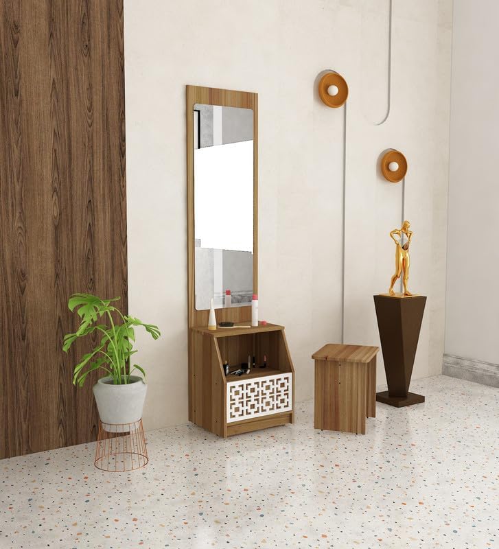 Fleet Dressing Table with Stool, Engineered Wood Vanity for Bedroom, Lyon Teak & White Finish, Modern Design, Storage Dressing Unit, Knock Down Furniture-image-25