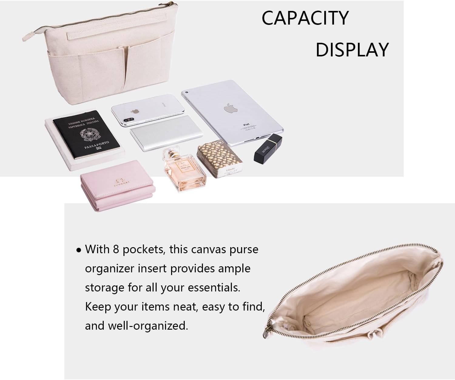 Tote Organizer Insert Purse Organizer for Handbags Cotton Canvas Simple Style Multiple Compartments (Beige) - Image 4