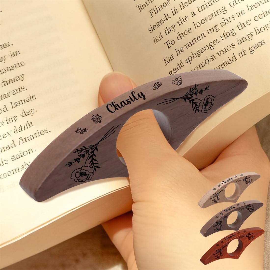 Personalised Book Page Holder Custom Name Birthday Flower Month Wooden Thumb Page Spreader Holder for One-Handed Reading Funny Reader Gift for Bookish Book Lover Birthday Xmas (Style 7)