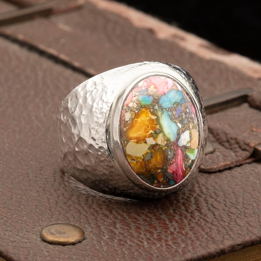 Natural Aventurine Crystal Ring Men's Hammered Anti-Tarnish 925 Sterling Silver Oval Solitaire Gemstone Dainty Statement Healing Crystal Gemini Luck Handmade Turkish Fine Jewelry