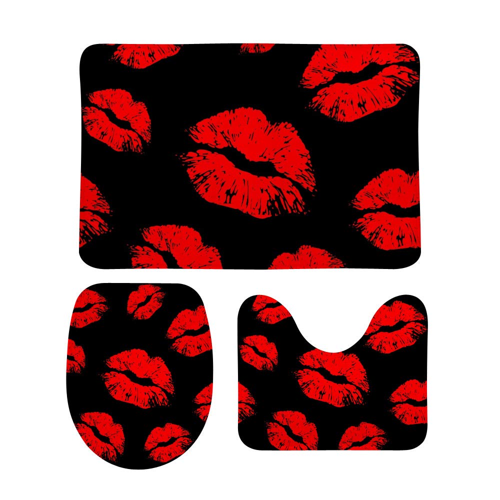 Tapis de bain 3 pièces lèvres rouges avec contour et couvercle de toilette
