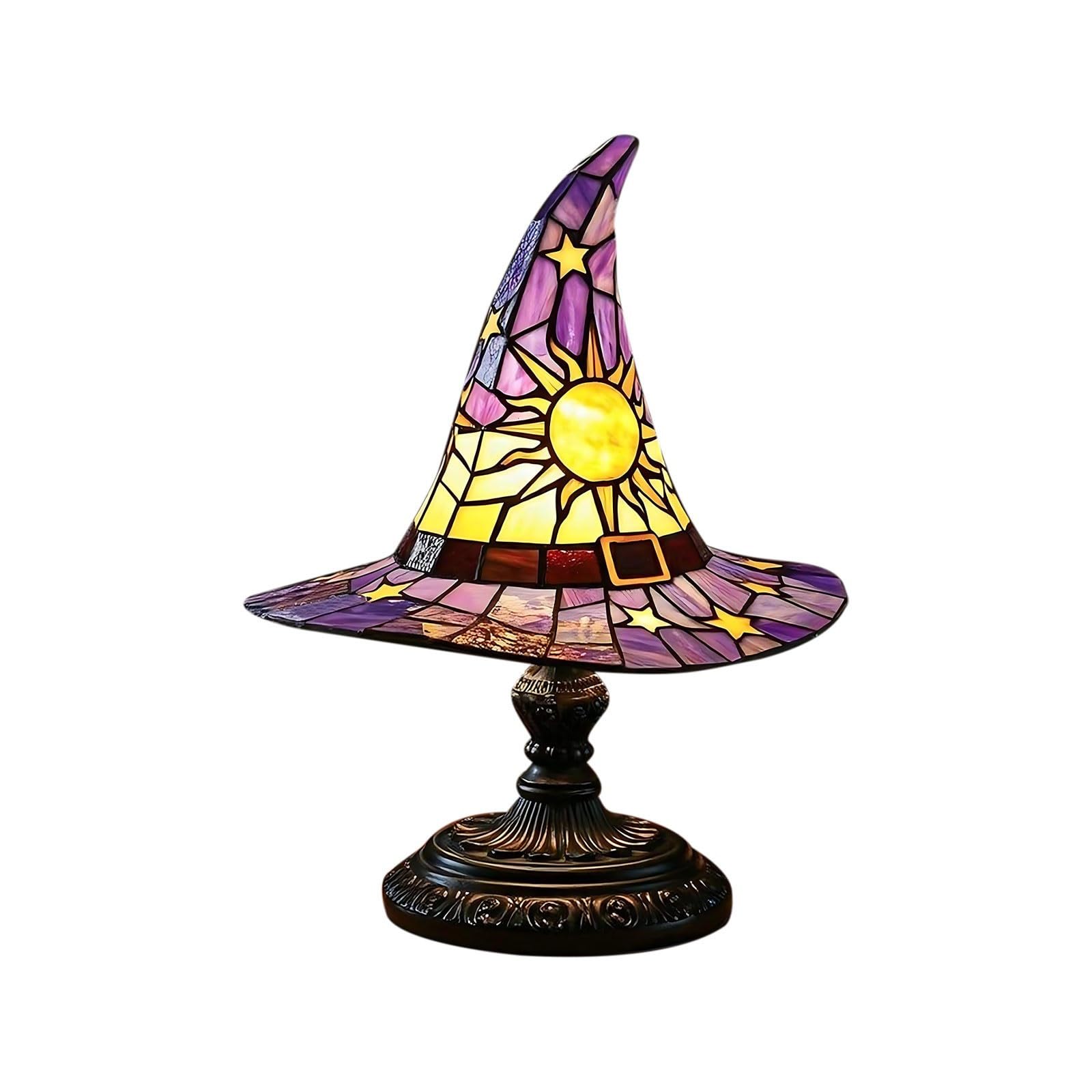 Halloween Witch Hat Lamps, Gothic Wizard Hat Shape Lights, Stained Glass Witch Hat Lamp with Mystical Charm, Unique Vintage Lamp for Bedroom Party of Halloween Decor (Purple, 30CM)