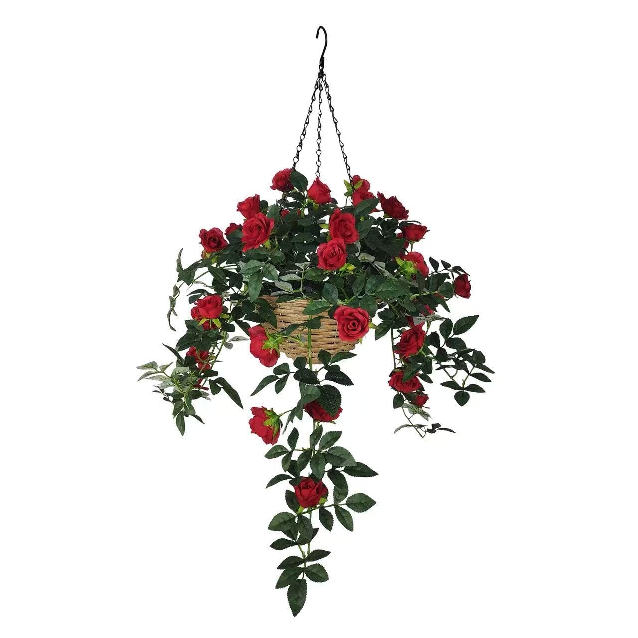 365 Blooming Decor Inc. Red Rose 365 Blooming Decor Artificial Hanging –31.5" X 24" Faux Hanging Flower With Durable Plastic Wicker Style Basket, Realistic,Weather-Resistant For Indoor Porch, Patio, Garden Decor