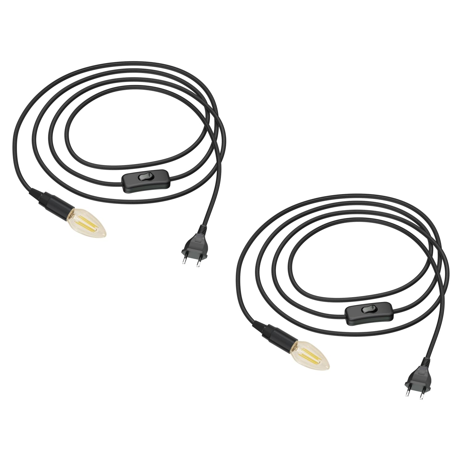 ledscom.de 2 Stück Textilkabel LEHA mit Stecker und Schalter schwarz 3 m inkl. E14 LED Lampe 4,1W 458lm, extra-warmweiß