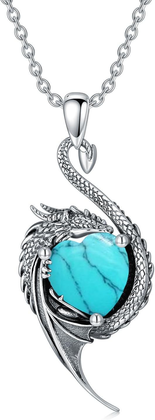 Dragon Necklace for Women 925 Sterling Silver Dragon with Heart Cut Birthstone Pendant Necklace for Gifts